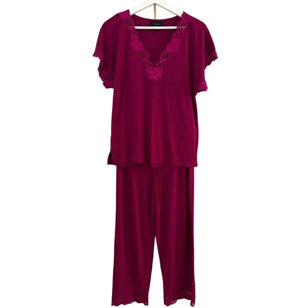Natori Zen Medium Floral Short Sleeve Pajama Set Heather Night Berry Lace